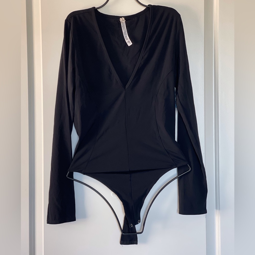 Free People Black Deep V Bodysuit